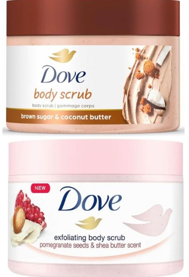 Dove Exfoliating Body Polish Scrub Set, Pomegranate & Shea Butter and   Brown Sugar & Coconut Butter For Silky Smooth Skin Body Scrub Exfoliates & Restores Skin's Natural Nutrients 2PC